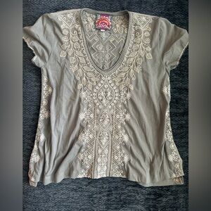 Johnny Was Taupe and Beige Embroidered Blouse